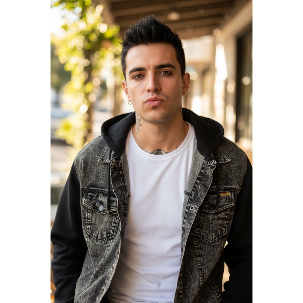 Dravus Mens‎ XL Acid Wash Denim Hybrid Hoodie Streetwear Grunge Truckers Snaps